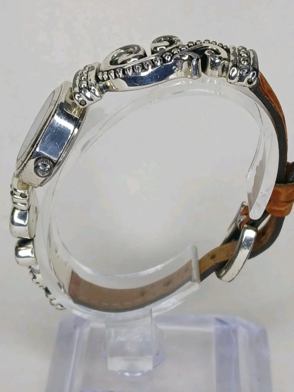Brighton Bordeaux Ladies Watch Silver Tone Swirl Brown Leather Strap Quartz